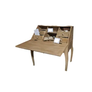Secrétaire vintage en bois avec abattant ouvert, utilisé en décoration de mariage en Normandie