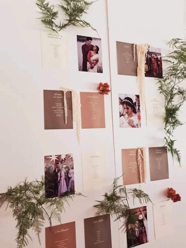Plan de table personnalisé avec photographies et papeterie pour un mariage