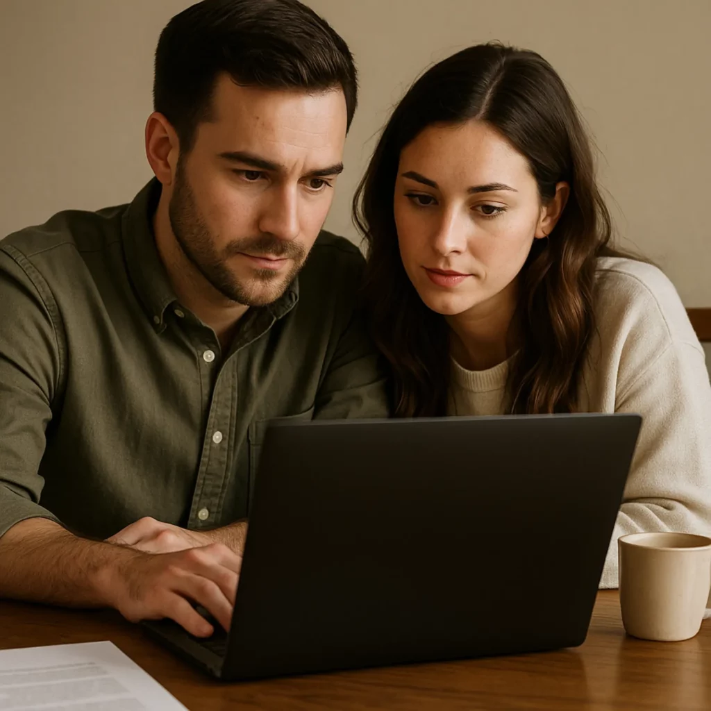 Un couple analyse plusieurs options pour choisir son wedding designer et avancer sereinement dans leurs préparatifs.
