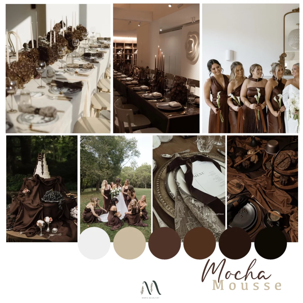 Moodboard mariage Mocha Mousse présentant une palette couleurs mariage beige, caramel et brun cappuccino, idéale pour les tendances 2026.