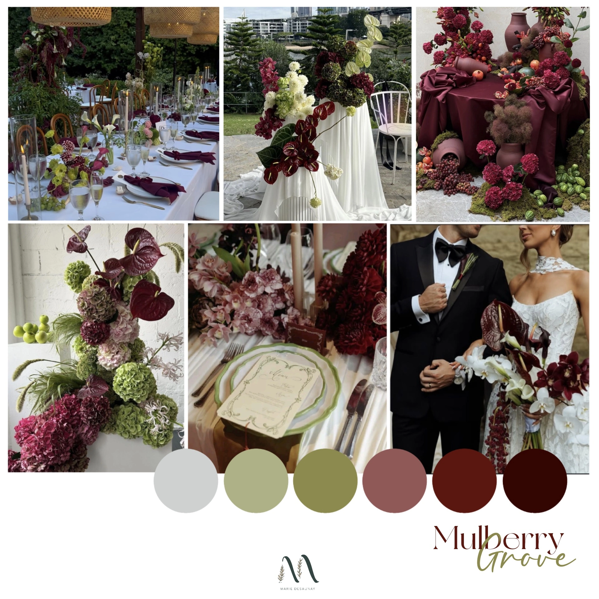 Moodboard mariage Mulberry Grove présentant une palette couleurs
