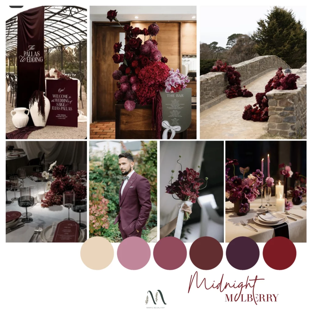 Moodboard mariage Midnight Mulberry présentant une palette couleurs mariage 2026 mêlant prunes profondes, violets sombres, ivoire et touches d’or texturé.