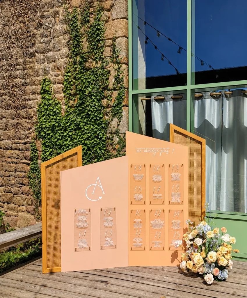 Plan de table de mariage personnalisé reprenant l'identité visuelle des mariés