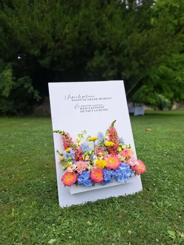 Panneau décoratif accompagnant une transition entre deux temps forts d’un mariage