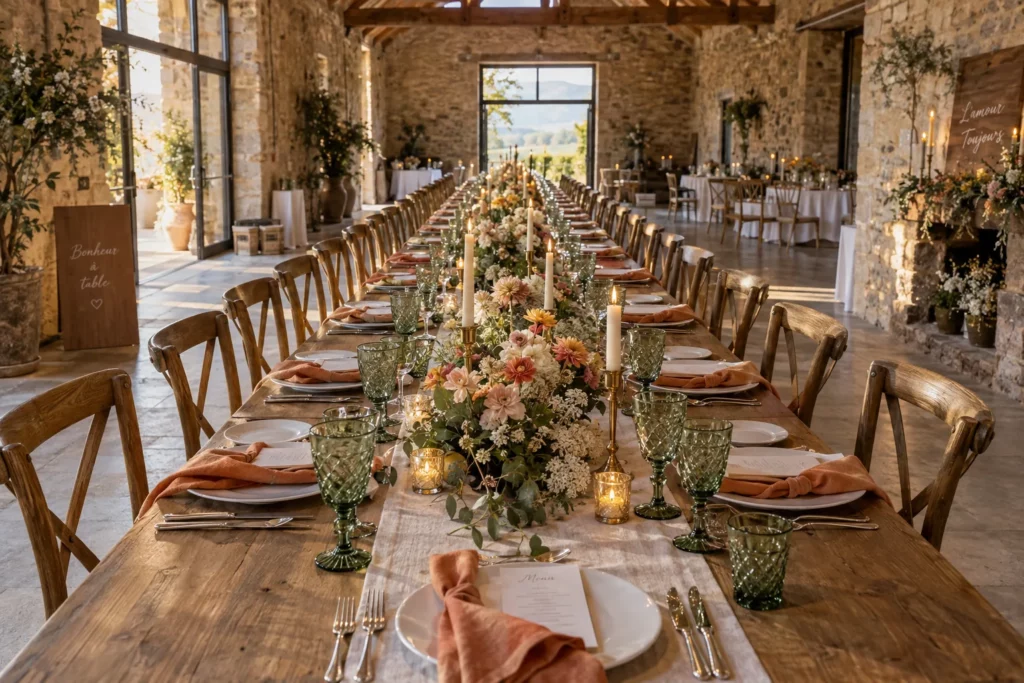 Image de décoration de mariage générée par IA : les couverts se dégradent d'une place à l'autre