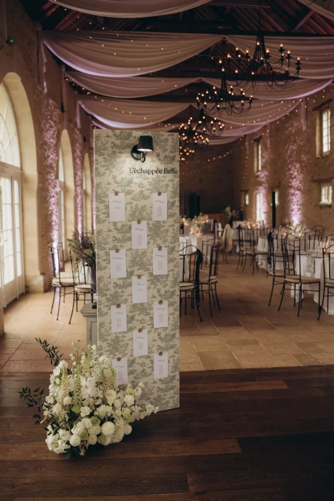 Installation du plan de table mariage dans une scénographie toile de Jouy
