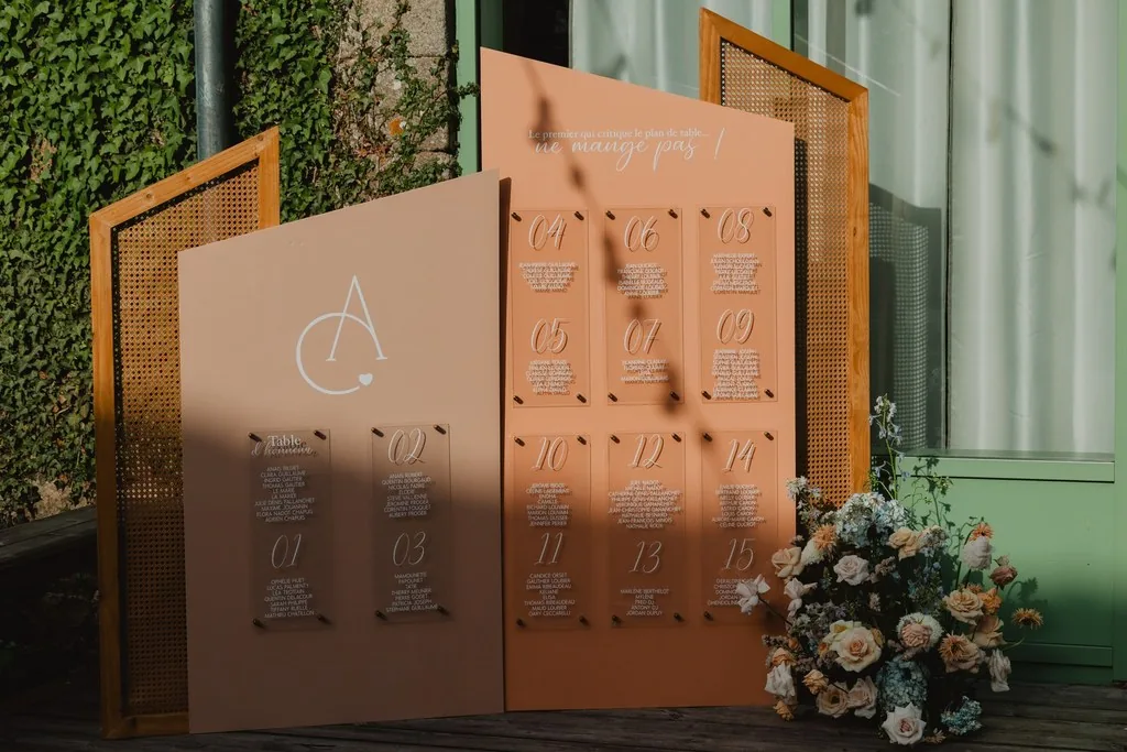 Panneau de plan de table mariage numéroté et entouré de fleurs